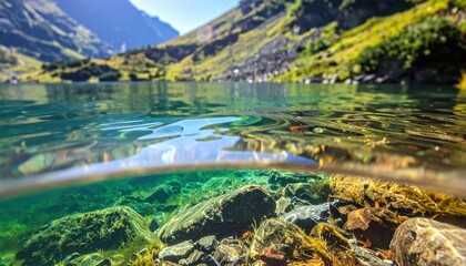 Crystal clear green alpine lake water revealing underwater stones with majestic mountain forest background. Nature concept