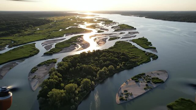 Aerial view of winding river and green islands