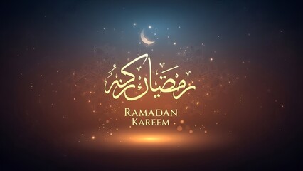 Fototapeta premium Ramadan Kareem calligraphy with moon and sparkling lights on a dark gradient background