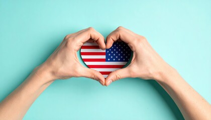 Woman hands holding American flag pattern in heart shape isolated on pastel blue background. Patriotic concept