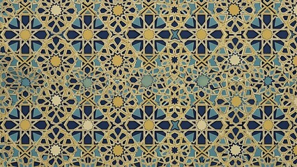 Intricate seamless geometric pattern in traditional Islamic style, featuring interlocking blue and gold starbursts creating a captivating ornamental background texture with cultural flair