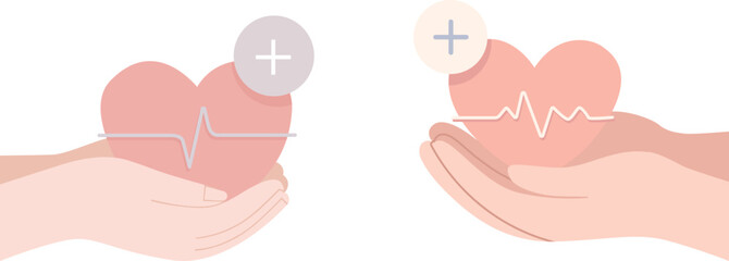 Hand holding hearts with electrocardiogram lines and plus signs symbolizing health and care ,help, assistance, receiving, medicine, wellness, safety, protection, healing, treatment, first, aid, emerge