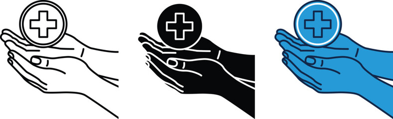 Health care and support symbol visual hands holding medical cross sign symbolize help, assistance, receiving, medicine, wellness, safety, protection, healing, treatment, first, aid, emergency