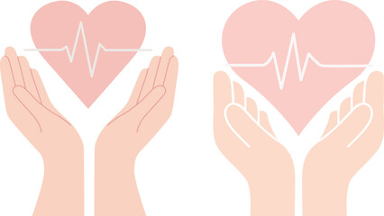 Health care and support symbol visual hands cradle pink hearts with a heart rhythm line symbolizing protection, comfort, safety, healing, aid, assistance