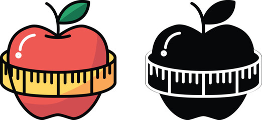 Dieting and fitness symbol visual of an apple with a measuring tape symbolize health, diet nutrition, wellness, exercise, weight, loss, measurement