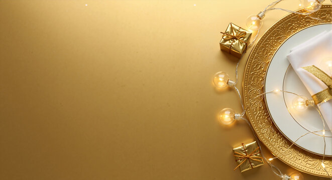 Luxurious holiday table setting on a gold background with glowing lights. Elegant Christmas or New Year's Eve dinner concept with copy space for text