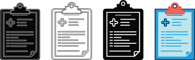 Medical clipboard symbol showing a cross sign and document lines  symbolizing treatment, diagnosis, information, checklist, list, data, entry