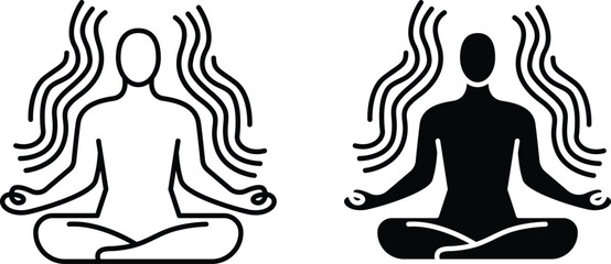 Yoga meditation poses symbol visual stylized figures meditating with flowing lines emanating from their heads