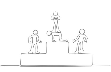 Continuous one line illustration of a winner standing on the back of another person on a podium, dominance, inequality, power imbalance, and controversial success in competition. Editable stroke