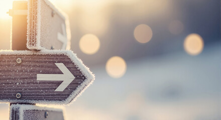 Wooden signpost with arrow pointing right covered in winter frost and snow. Rustic direction sign in snowy landscape at sunset. Choice and decision concept with copy space
