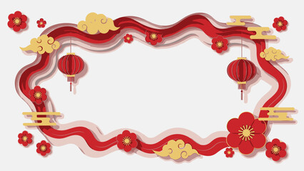 Chinese New Year Decorative Frame with Flowers and Lanterns