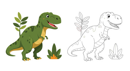 Fototapeta premium Friendly green Tyrannosaurus Rex dinosaur illustrated as a cute cartoon character and a matching black and white line art for coloring.