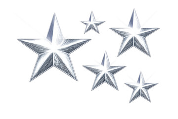 Fototapeta premium Silver metallic stars sparkling, reflecting light, representing quality, success, rating, and excellence on transparent background