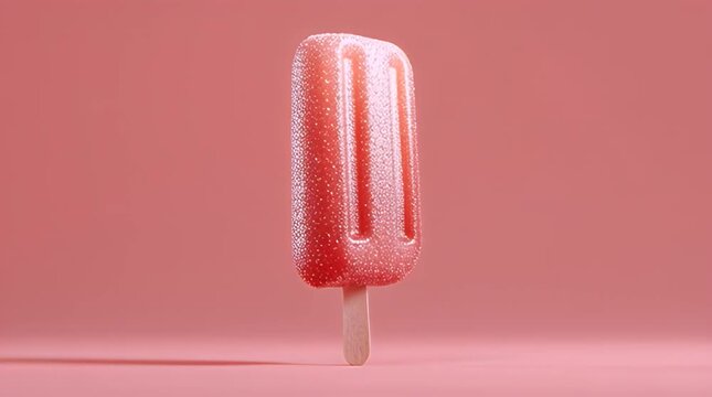 A red popsicle with a textured surface and a wooden stick stands isolated on a matching pink background. The popsicle's shape is rectangular with ridges
