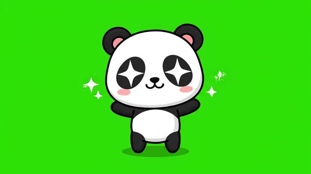 Adorable animated panda character mascot illustration sparkling eyes on greenscreen for marketing and social media video overlay