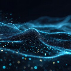 A digital landscape with blue and yellow particles forms a wavy textured surface against a dark background