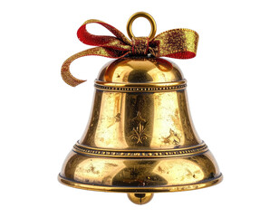 A shiny gold bell with a red and gold ribbon bow on top