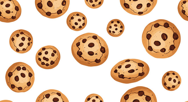 Fun and delicious seamless pattern of falling chocolate chip cookies of various sizes against a clean and simple white background.