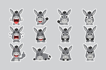 Fototapeta premium Cartoon Donkey Emoticon Set Expressing Various Emotions, Funny Gray Animal Character Isolated on Background