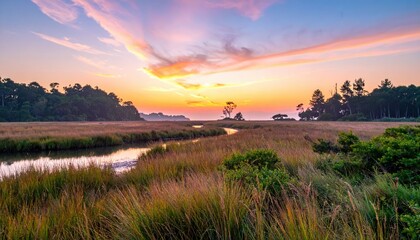 Scenic wetland landscape with tall grass and calm river during colorful pink sunset. Nature concept