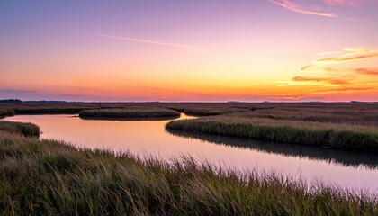 Scenic wetland landscape with tall grass and calm river during colorful pink sunset. Nature concept