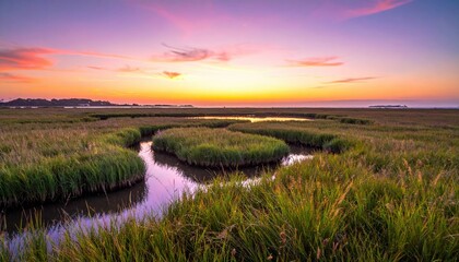Scenic wetland landscape with tall grass and calm river during colorful pink sunset. Nature concept