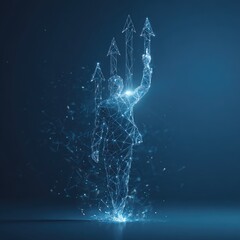 A figure in a suit depicted as a wireframe raising a hand with upwardpointing arrows on a blue background