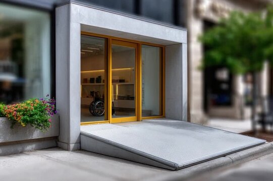 Accessibility Entrance: A contemporary building entrance is thoughtfully designed with a ramp, seamlessly integrating accessibility with architectural excellence.