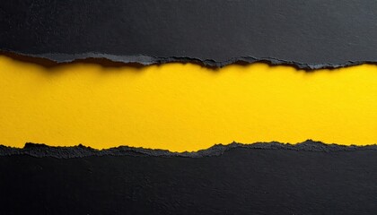 Abstract ripped black paper texture revealing bright yellow background with copy space for creative design. Background concept