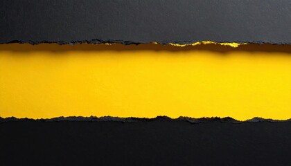 Abstract ripped black paper texture revealing bright yellow background with copy space for creative design. Background concept