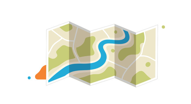 A stylized folded paper map icon showing a winding blue river through green land masses, representing travel, geography, navigation, and exploration concepts.