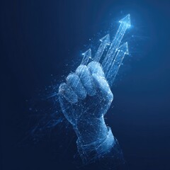A geometric hand with upward arrows glowing blue on a dark blue background