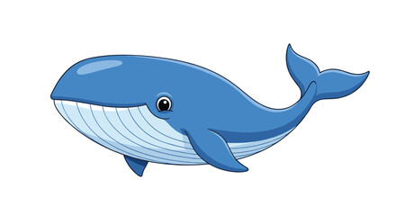 Obraz premium A friendly and simple cartoon illustration of a large blue whale with a smiling face, isolated on a clean white background for educational or kids' media.