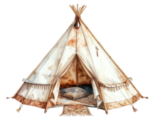 Watercolor teepee with open flap, cushions and rug