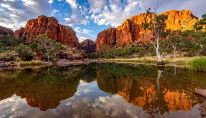 Scenic canyon landscape with rugged red rock cliffs reflecting in calm water pool at sunset. Nature concept