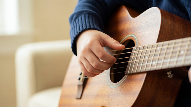 Close-up of child hands playing acoustic guitar strings wearing cozy blue sweater symbolizing musical education and hobby.