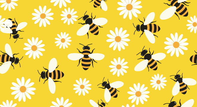 A cheerful seamless pattern of busy bees flying around white daisy flowers on a vibrant yellow background, perfect for spring and summer-themed designs.