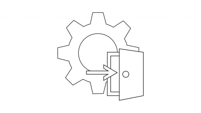 A gear behind an open door with an arrow pointing inside