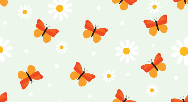 A sweet and simple seamless pattern of orange butterflies and white daisies on a pale green background, perfect for spring or nursery-themed projects.