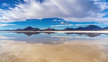 Breathtaking panoramic view of salt flat landscape with mountain reflection under blue sky. Nature concept
