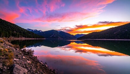Scenic red rock cliffs reflecting on calm lake water during dramatic fiery sunset. Nature concept