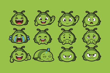 Obraz premium Cartoon Green Bug Emoji Set Expressing Various Emotions on Green Background, Vector Illustration