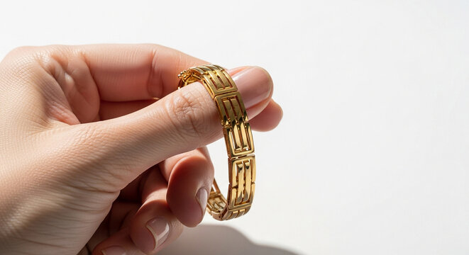 Detailed close-up of a refined female hand holding a premium gold bracelet, polished gold surface