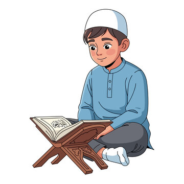 Young Muslim Boy Reading Holy Quran on Wooden Stand Cartoon Illustration.