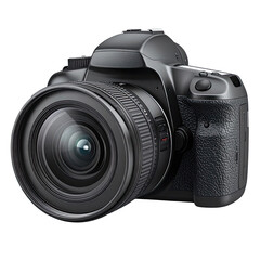 Digital SLR camera, black body, wide lens, detailed perspective, isolated