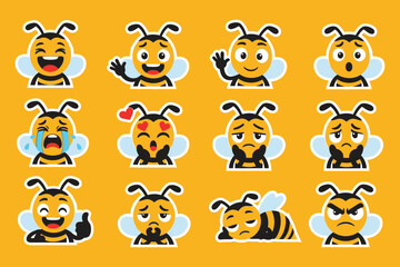 Fototapeta premium Cartoon honey bee emoticons set showing different emotions, isolated on yellow background, vector illustration