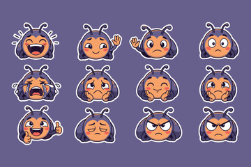 Fototapeta premium Cute bug cartoon character showing various emotions, sticker sheet. Vector emoji set for social media, messaging and design.