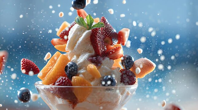 A vibrant dessert explodes in a glass bowl, showcasing creamy texture and fresh, colorful fruits that appear to be floating