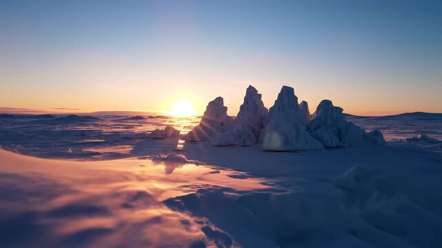 Snowy landscape with ice formations at sunset