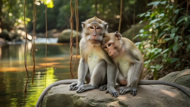 Two Monkeys Resting on a Mossy Rock. Two macaque monkeys sitting calmly on a moss-covered rock